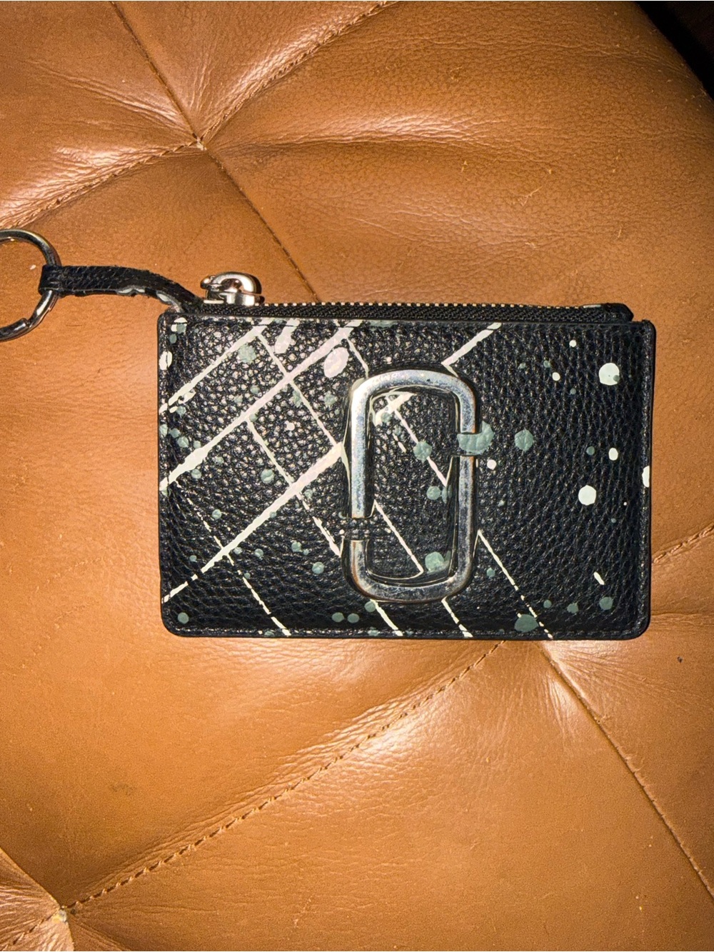 Marc Jacobs Black Leather Card Case with Mint and White Paint Splatter